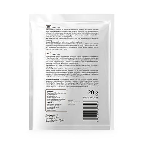 Masca alginata biorevitalizanta Coffee Shot cu acid cafeic si boabe de cafea, Monodoza, 20 g