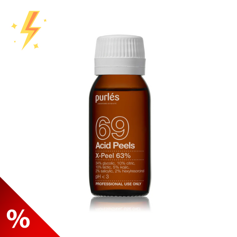 Purles 69 X-Peel 63% cu pH<3 (Glicolic 34%, Citric 10%, Lactic 10%, Kojic 5%, Salicilic 2%, Hexilresorcinol 2%), 50 ml (lichidare)
