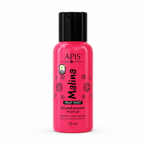 Mini Gel de dus Fruit Shot cu zmeura, 50 ml