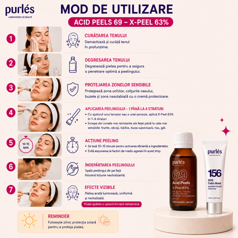 Purles 69 X-Peel 63% cu pH<3 (Glicolic 34%, Citric 10%, Lactic  10%, Kojic 5%, Salicilic 2%, Hexilresorcinol 2%), 50 ml (lichidare)