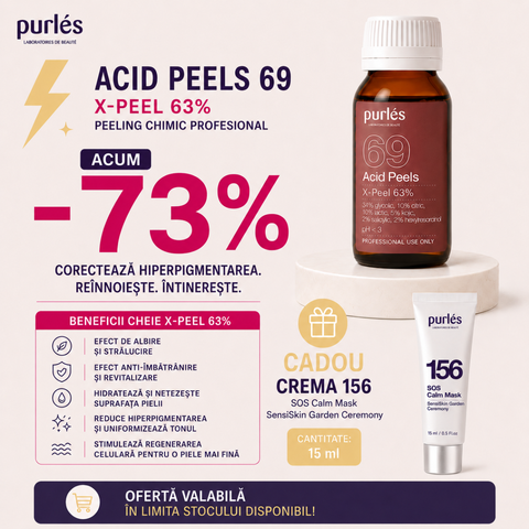 Purles 69 X-Peel 63% cu pH<3 (Glicolic 34%, Citric 10%, Lactic  10%, Kojic 5%, Salicilic 2%, Hexilresorcinol 2%), 50 ml (lichidare)