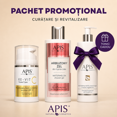 Pachet promotional COSMETO: tonic iluminator + crema cu retinol si vitamina C + gel de dus cu pepene