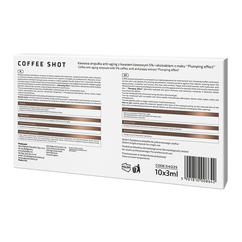 Fiole sterile concentrate Coffee Shot anti-aging cu acid cafeic si extract de seminte de mac, 10 x 3.5 ml